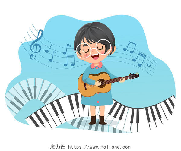 卡通风格人物唱歌钢琴音符png素材音乐元素